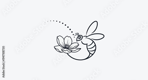 Stylized outline drawing of a busy bee flying towards a blooming flower, symbolizing pollination and nature, in bright studio.