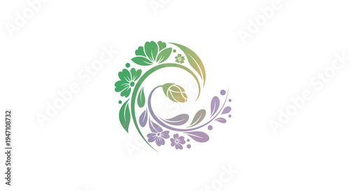 Abstract floral swirl design with green and purple flowers and leaves, symbolizing nature and growth, isolated white background.