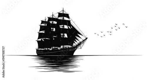 A detailed black and white illustration of a tall sailing ship with birds flying overhead
