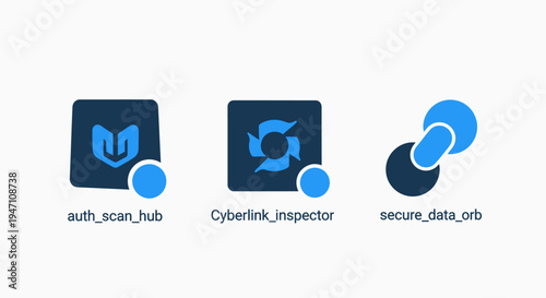 Cybersecurity icons: auth scan hub, cyberlink inspector, and secure data orb for digital security