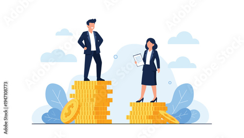Concept of gender pay gap showing a businessman and businesswoman standing on unequal stacks of gold coins in professional setting.