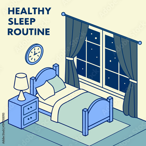 Isometric healthy sleep routine bedroom interior with starry night view illustration with healthy lifestyle with good sleep