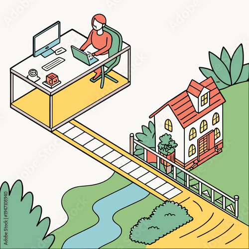 Remote work from home bridge concept isometric illustration with person and house with home office with flexible work with work life balance with digital nomad
