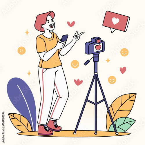 Happy female vlogger recording online with camera and smartphone, social media influencer creating content for live stream illustration, video camera, camera tripod