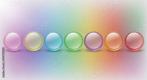 Row of colorful translucent glass spheres in a rainbow gradient.