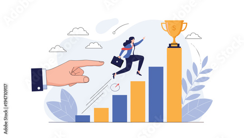 Businesswoman running up a bar chart towards a trophy achievement goal guided by a large pointing hand in background.