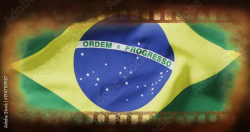 On playback start Brazil flag rippling in film border, creases moving as light shifting for looping