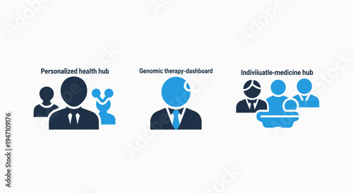 Personalized health hub, genomic therapy dashboard, and individual medicine icons