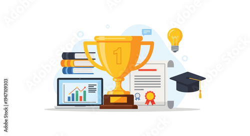 Education Success Concept: Achievement Trophy, Graduation Cap, Diploma, Books, and Laptop Chart Vector Illustration.