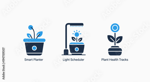 Smart gardening icons: planter, light scheduler, and plant health tracker