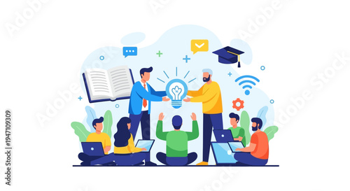 Knowledge Sharing and Idea Generation: Mentorship, Education, and Collaborative Learning Flat Vector Illustration.