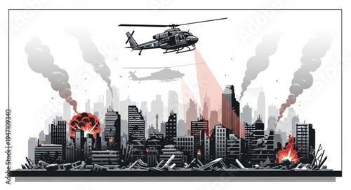 Military Helicopter Over Cityscape Destruction.