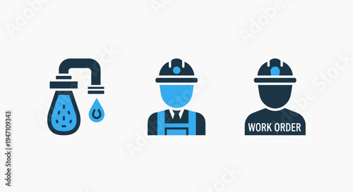 Plumbing service icons: faucet, worker, work order symbol. blue and dark blue graphic elements, clean background