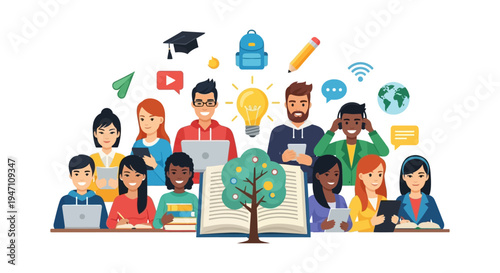 Diverse Students Group Learning, Collaboration, and E-Learning Concept. Modern Digital Education, Knowledge, and Technology