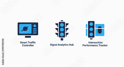 Traffic management icons: controller, signal analytics hub, and intersection tracker