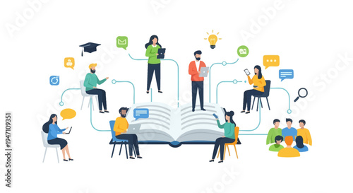 Collaborative E-Learning and Knowledge Sharing Network. Digital education illustration showing students and professionals connected by technology and communication around an open book.
