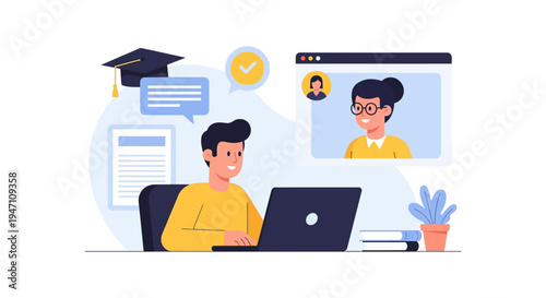 Distance Learning Concept. Student attending online class via video call with teacher on laptop. Remote education, e-learning platform vector.