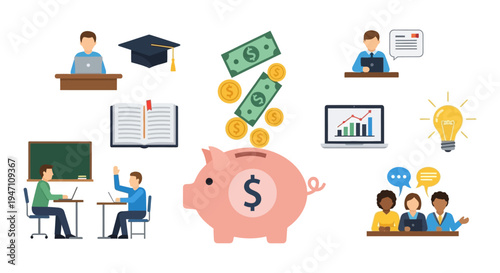Investing in Education: Financial Planning for Learning Success. Piggy Bank Saving, E-Learning, Business Growth, and Idea Development Vector Icons.