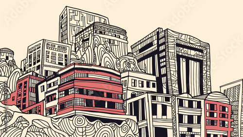 Abstract hand drawn illustration of dense urban cityscape with detailed buildings and architectural structures in red accents.