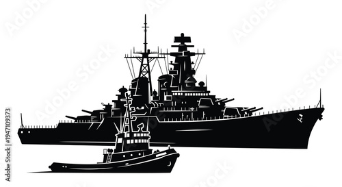 A black silhouette of a battleship assisted by a tugboat in the water