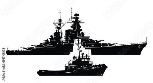Black silhouette of a battleship and tugboat on a white background