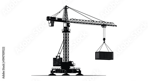 A black and white silhouette of a construction crane lifting a shipping container