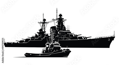 A stark black silhouette of a battleship escorted by a tugboat on water