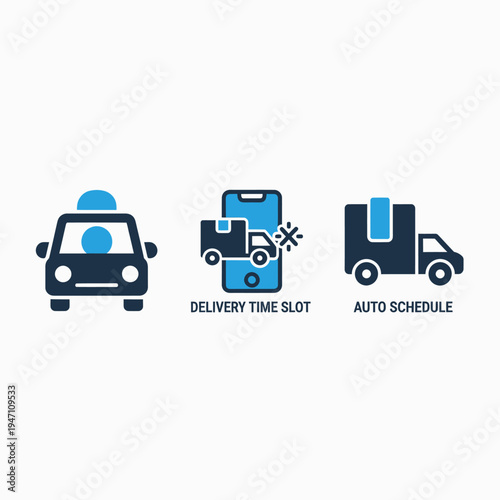 Delivery service icons: car, mobile delivery time slot, truck. logistics and transportation icons on white background, package delivery