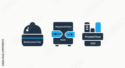 Science icons: biogenome pod, sequencevision node, proteinflow unit. biotechnology and genetics symbols, drug development