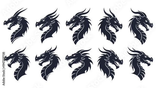 Set of ten black dragon head silhouettes in profile with various horn and wing designs on a white background for logos.