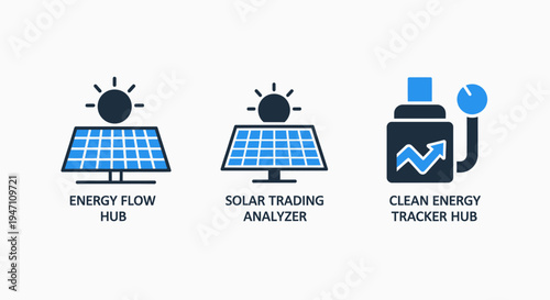 Clean energy tracker hub and solar energy flow icons