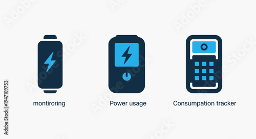 Icons for monitoring, power usage, and consumption tracker for energy management, saving money, smart home