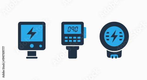 Icons representing digital power meters, energy consumption devices, and smart technology