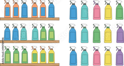 Large set of colorful cleaning spray bottle vector icons on wooden shelves for housekeeping sanitary service chores and home maintenance supply product design elements.
