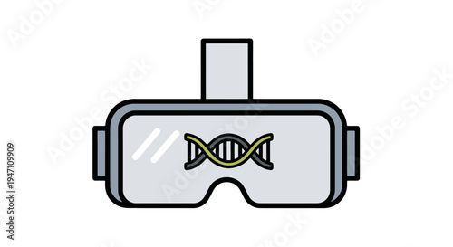 A virtual reality headset displaying a DNA double helix in a futuristic technology environment from a front viewpoint.