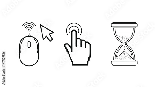 Minimalist black line icons representing computer mouse input finger click gesture and hourglass time measurement.