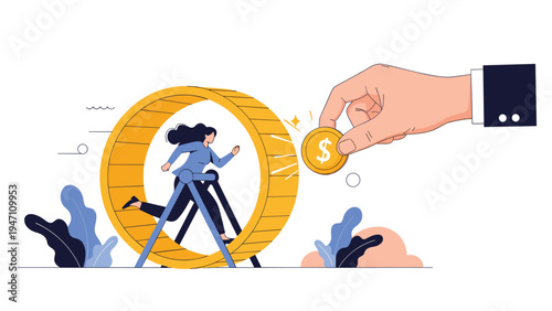 Businessman hand enticing a woman running in a hamster wheel with a gold coin representing work life balance struggle.