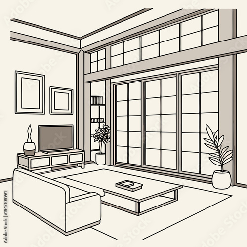 Contemporary living room line art with sofa, coffee table, tv, potted plants, framed art, and sliding glass doors, sofa furniture, television set, interior design