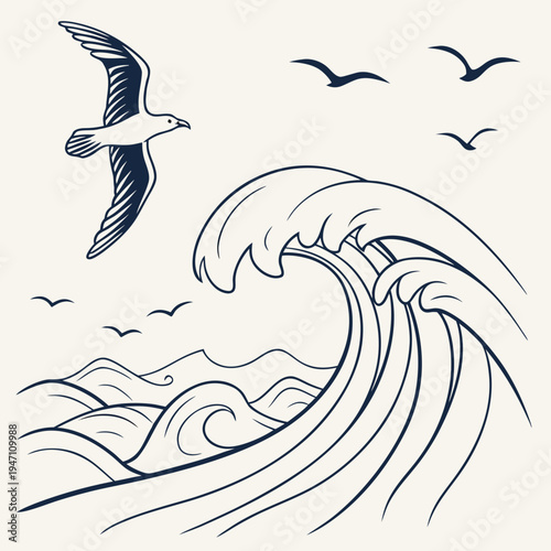 Dynamic ocean wave and flying seagulls line art illustration - nautical scene for coastal designs with breaking wave with sea birds with vector illustration