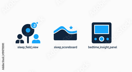 Sleep analysis icons: field view, scoreboard, and bedtime insights panel for health and wellness apps