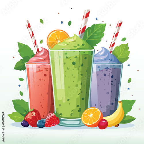 Colorful smoothie glasses with fresh fruit and mint leaves on white background