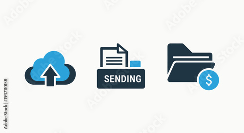File transfer and cloud storage icons: uploading cloud, sending document, and money folder
