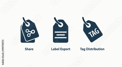Tag and label icons: share, label export, and tag distribution for marketing and e-commerce