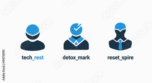 Personal development icons: tech reset, detox mark, and reset spire for growth and transformation