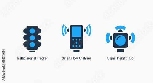 Smart city traffic icons: signal tracker, flow analyzer, and signal insight hub for urban mobility
