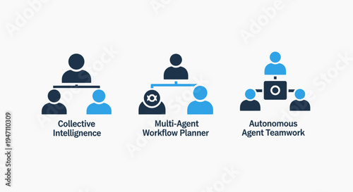 Icons depicting teamwork, workflow, and collective intelligence in blue and dark blue on white background