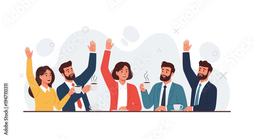 Diverse team raising hands in meeting, coffee break, collaboration, idea sharing