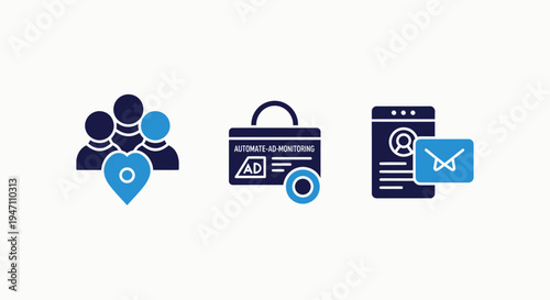 Icons for customer loyalty, advertising, and communication or message in blue and dark blue on white background