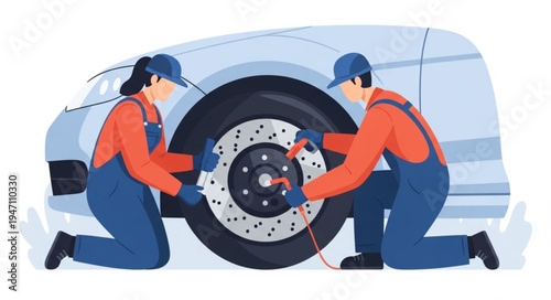 Mechanics changing car tire together.