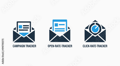 Email marketing icons: campaign, open rate, and click rate tracking